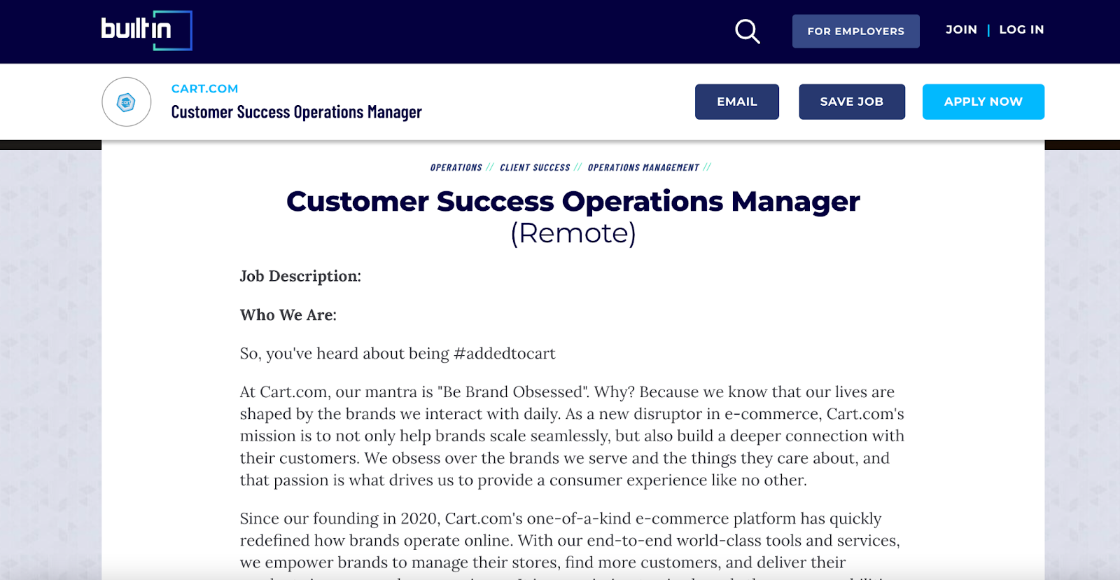 customer success in SaaS, customer success operation manager position at Cart.com