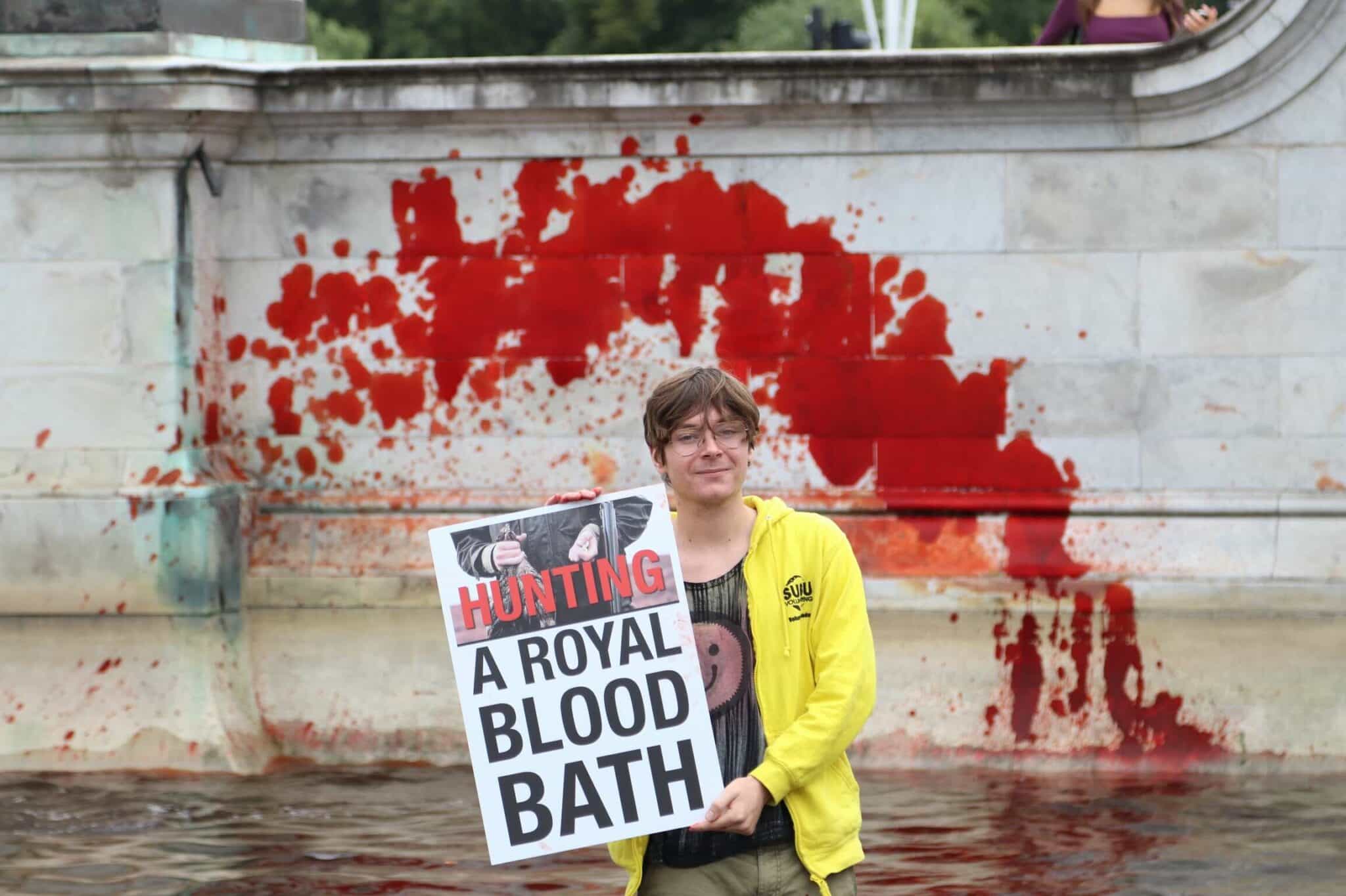 A young rebel standing inside the fountain holding a sign "Hunting, a royal blood bath"