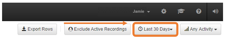 Lucky Orange dashboard buttons with options to export rows, exclude active recordings, choose activity level. Last 30 Days date range is highlighted.
