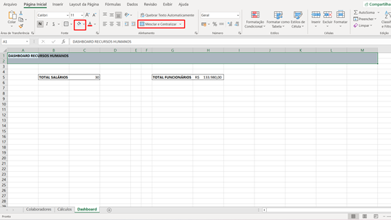 Inserindo cabeçalho Dashboard no Excel
