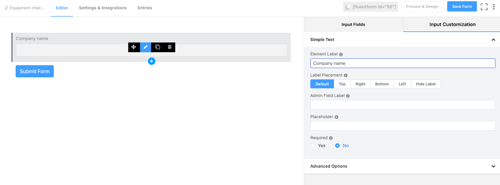 Input customization section of Fluent Forms