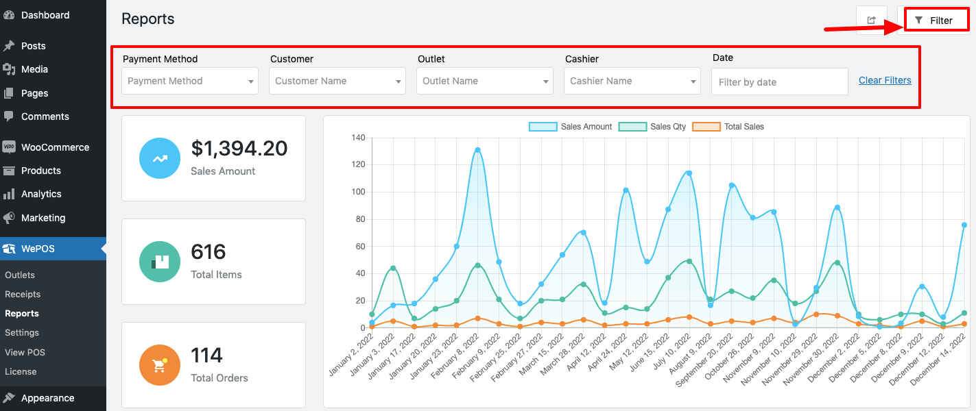 wePOS filter option to find out different sales reports 