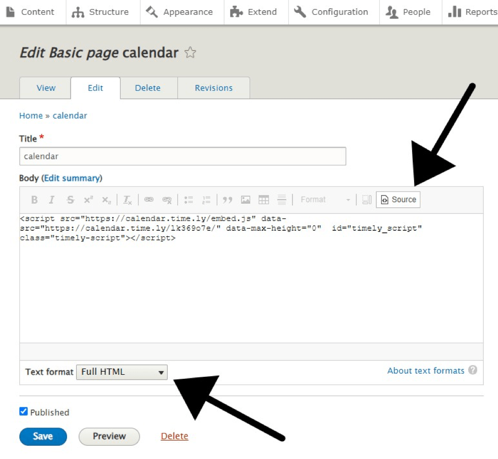 print screen of Drupal Basic Page editor highlighting where to add the calendar embed code