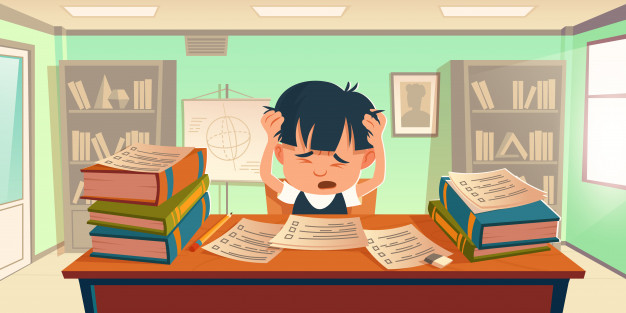 Child suffering from Math anxiety surrounded by books