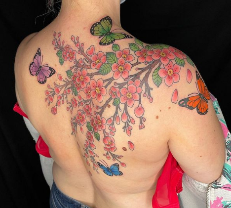 Butterflies And Cherry Blossom Colored Tattoo