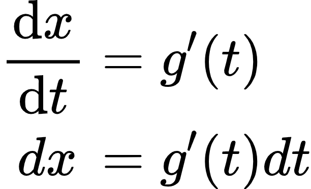 {"font":{"color":"#000000","size":11,"family":"Arial"},"id":"29-0","code":"\\begin{align*}\n{\\diff{x}{t}}&={g^{\\prime }\\left(t\\right)}\\\\\n{dx\\,}&={g^{\\prime }\\left(t\\right)dt}\t\n\\end{align*}","type":"align*","ts":1599567529861,"cs":"rAUuSGnXXK//Gja2Qh6dzA==","size":{"width":101,"height":61}}