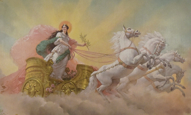 In the "Asahi no Ma" guest room of the State Guest House, Akasaka Palace, located in Tokyo's Minato Ward, one can behold a recently restored ceiling painting that depicts Aurora, the Roman goddess of the dawn. In the piece, Aurora is wearing a white toga and riding on a golden chariot that four white horses lead. 