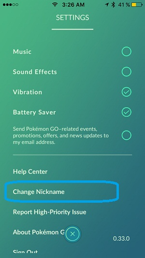 Change name option in Pokemon GO settings