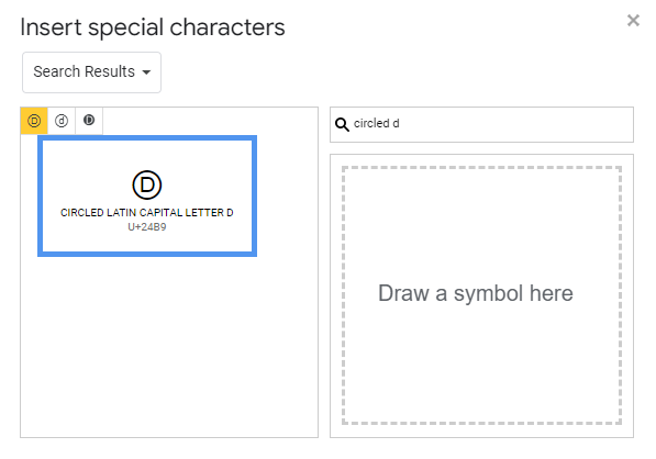 searching for Circled D symbols in special characters in google docs