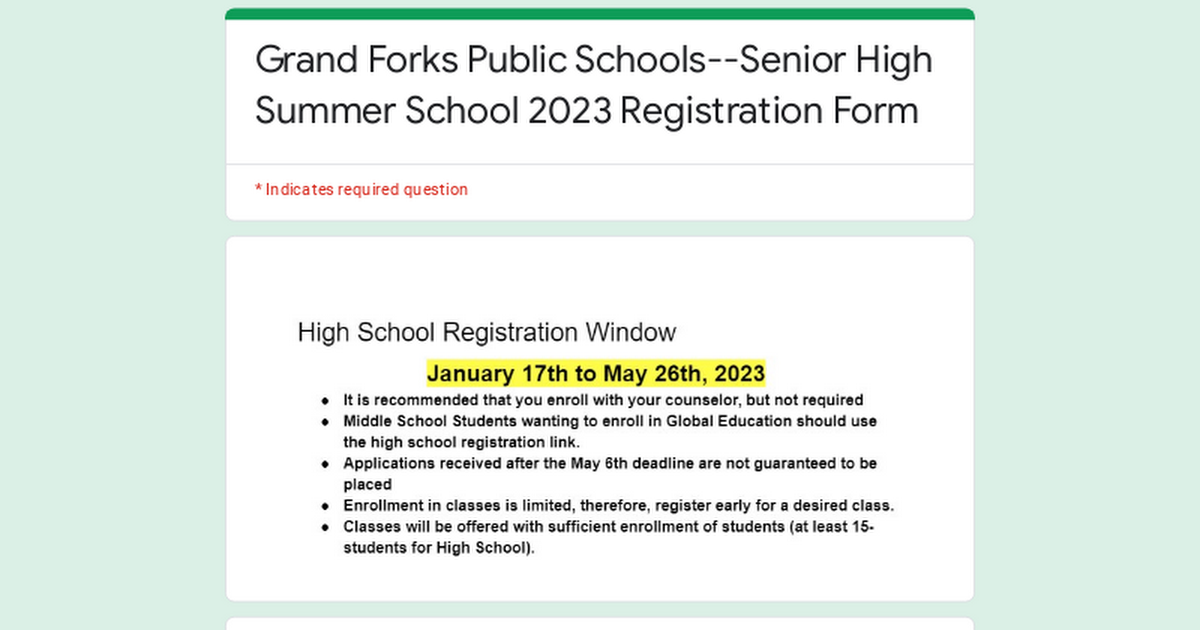 Grand Forks Public Schools--Senior High Summer School 2023 Registration Form
