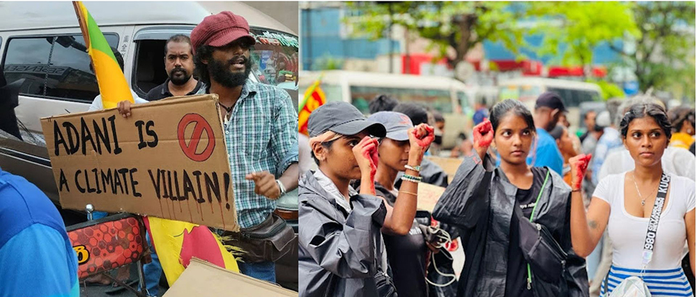 Sri Lankans hold up signs and fists covered in (fake) blood