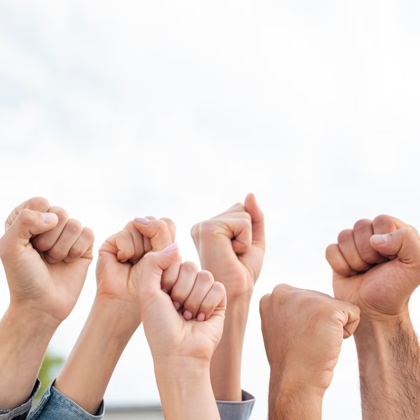 group of activists holding fists up