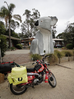 a motor bike in front of the big koala 