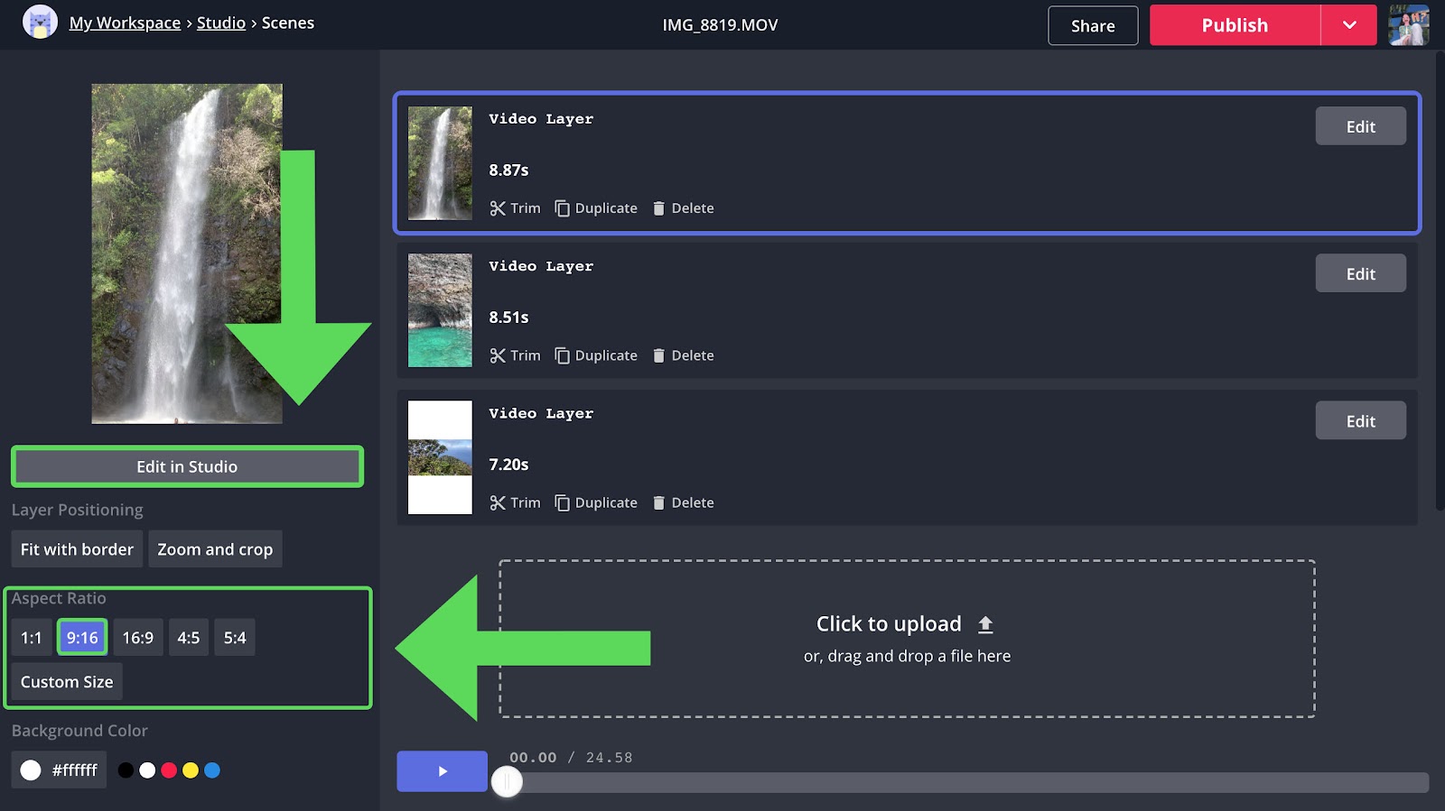 A screenshot showing how to resize videos in Kapwing.