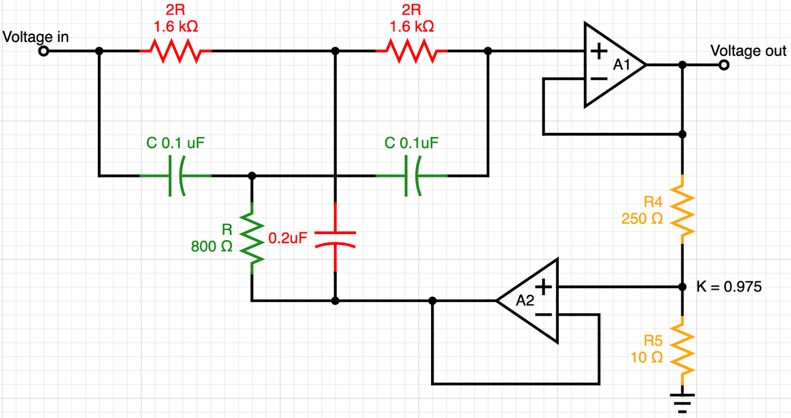 A two op-amp notch filter for a 20dB notch depth