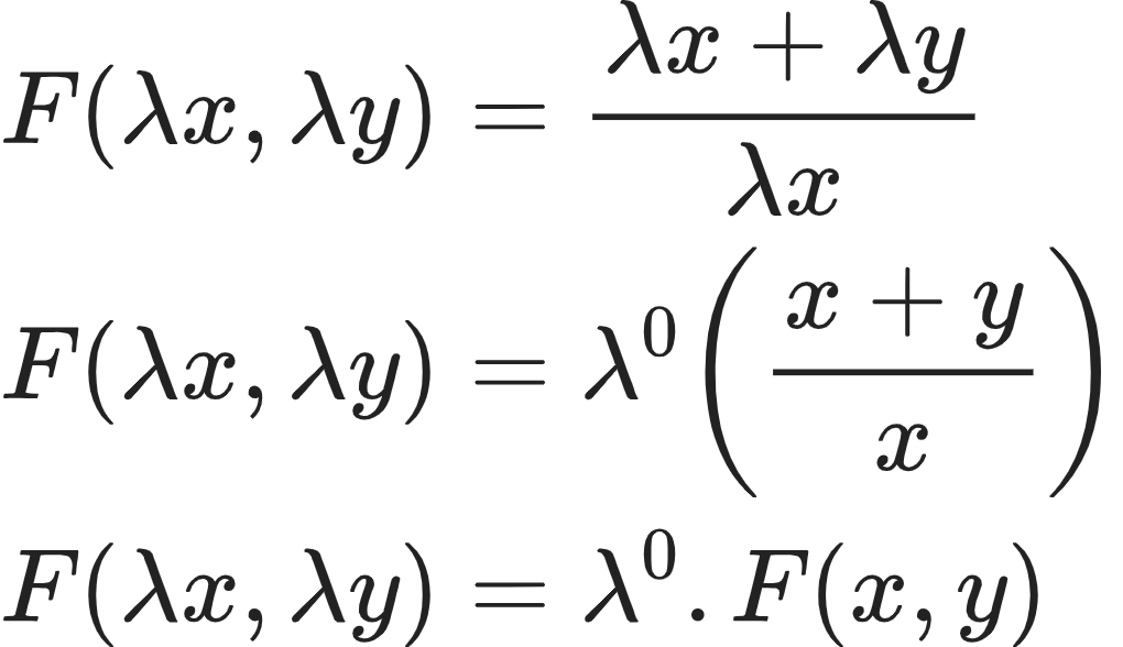 {"font":{"size":10,"family":"Arial","color":"#222222"},"id":"10-1","code":"\\begin{align*}\n{F\\left(\\lambda x,\\lambda y\\right)}&={\\frac{\\lambda x+\\lambda y}{\\lambda x}}\\\\\n{F\\left(\\lambda x,\\lambda y\\right)}&={\\lambda^{0}\\left(\\frac{x+y}{x}\\right)}\\\\\n{F\\left(\\lambda x,\\lambda y\\right)}&={\\lambda^{0}.F\\left(x,y\\right)}\t\n\\end{align*}","type":"align*","ts":1603968672349,"cs":"Q7wL2ikwQeMyBoVu5Xlclw==","size":{"width":169,"height":97}}
