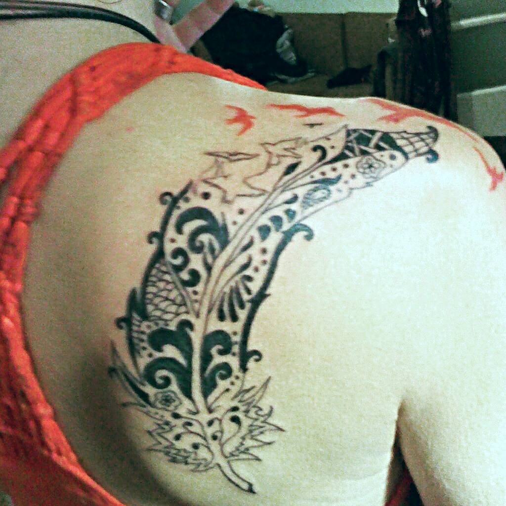 Tribal Peacock Feather Tattoo On Back Shoulder