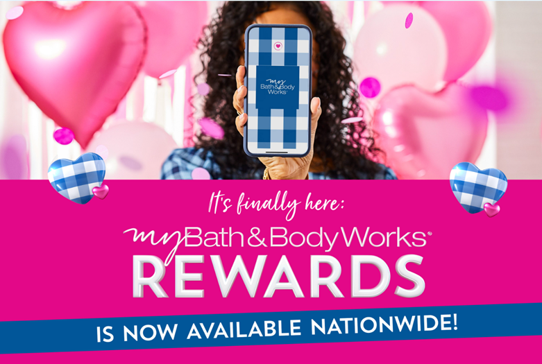 Screen shot showing woman holding up phone, screen shows bath and body works rewards program