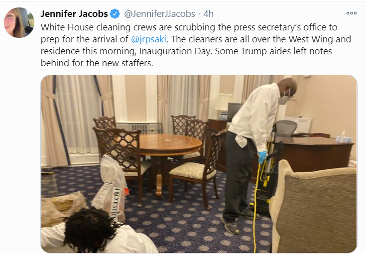 White House cleaning crews are scrubbing the press secretary’s office to prep for the arrival of  @jrpsaki . The cleaners are all over the West Wing and residence this morning, Inauguration Day. Some Trump aides left notes behind for the new staffers.