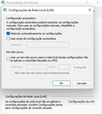 Configurações para desabilitar o servidor proxy do Windows