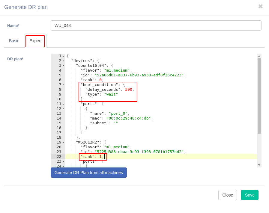 Expert tab of the Disaster Recovery plan