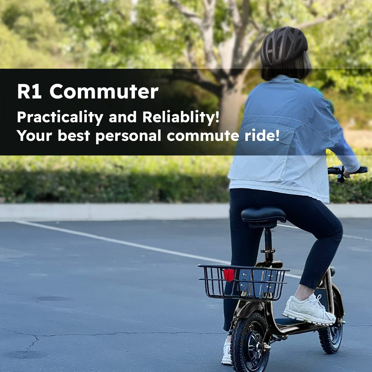 This image shows the child riding the Phantomgogo Commuter R1 electric scooter.