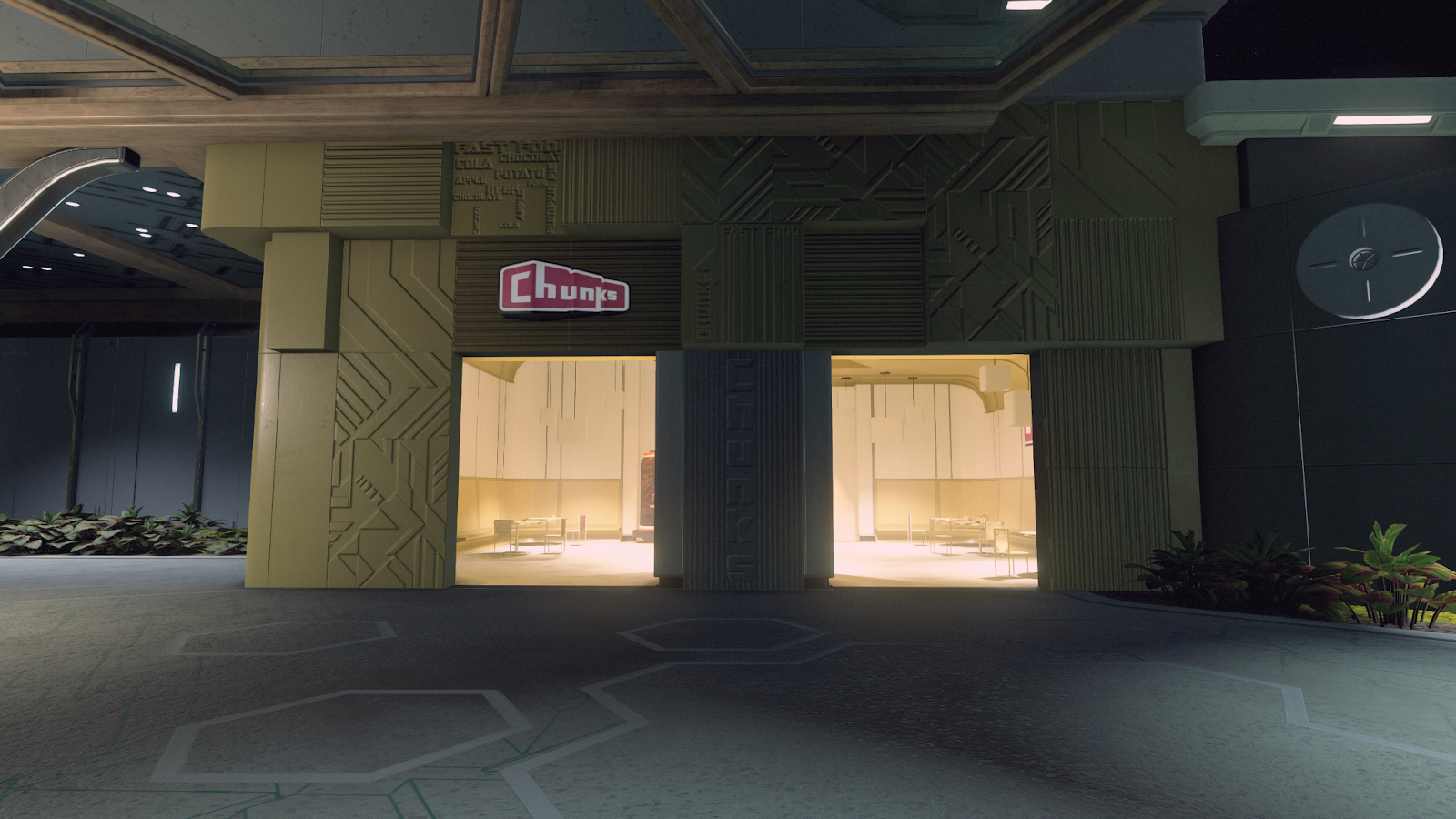An in game shot of the Chunks Restaurant exterior from the game Starfield. 