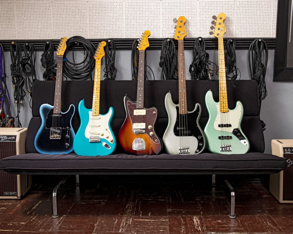 Fender Guitars on display on a couch