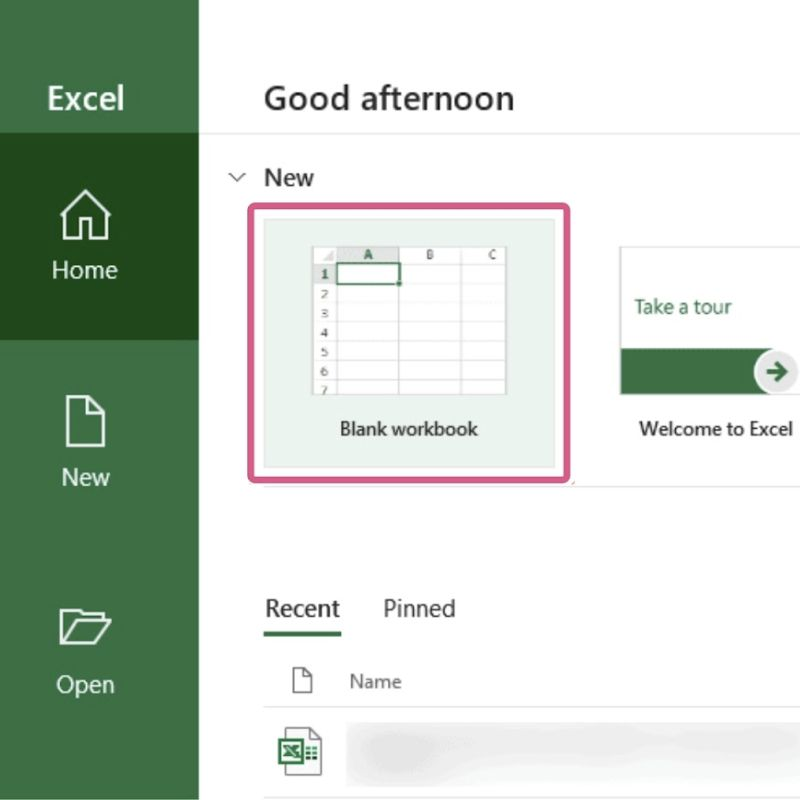 Clicking Blank workbook to create a new Excel Spreadsheet