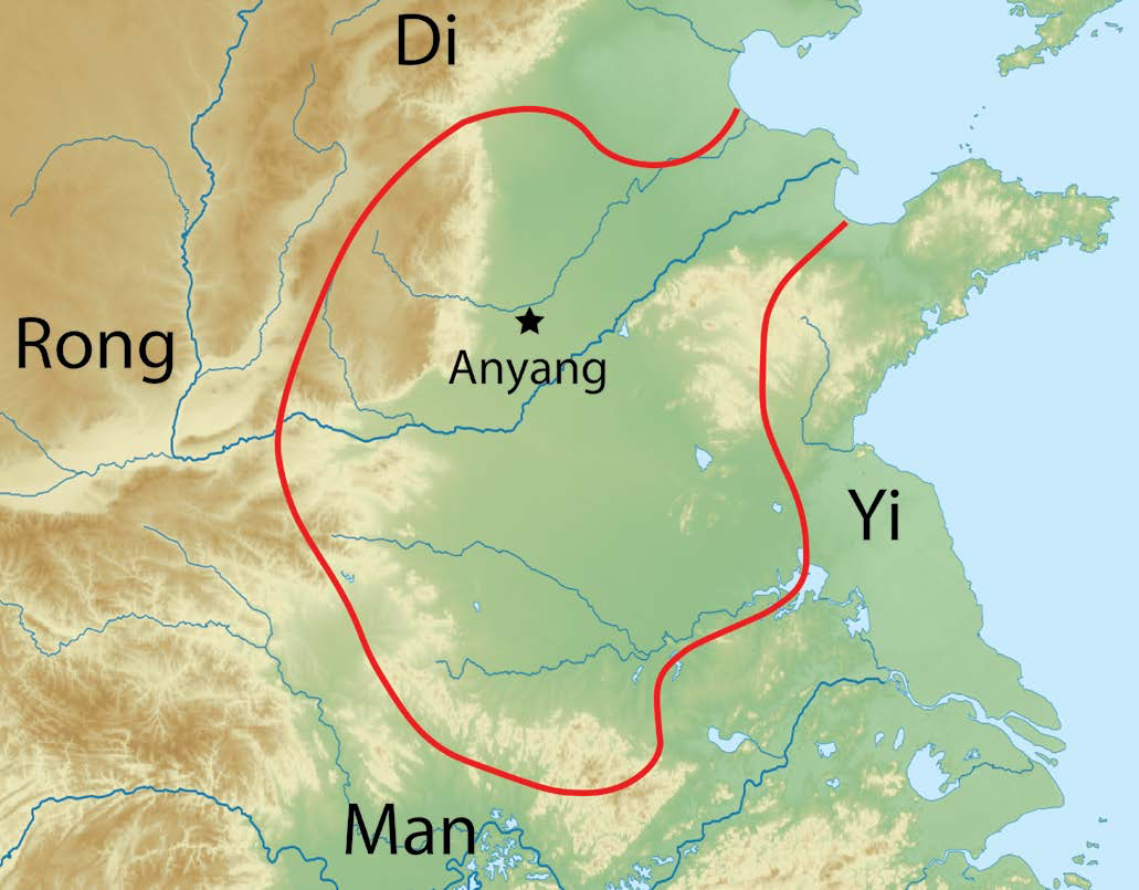 Shang Dynasty | This map of the Shang Dynasty shows its capital (Anyang) and boundaries. The Shang centered in the North China Plain, along the lower reaches of the Yellow River. The other labels indicate names given by the Shang rulers to tribal peoples surrounding the kingdom. |  Author: Corey Parson | Source: Original Work | License: CC BY-SA 4.0