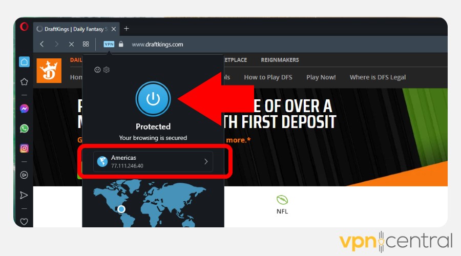 opera vpn connected to americas location with draftkings open in the background