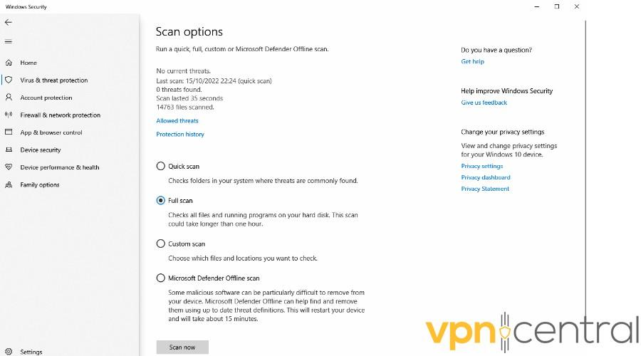 Windows Security virus and threat scan