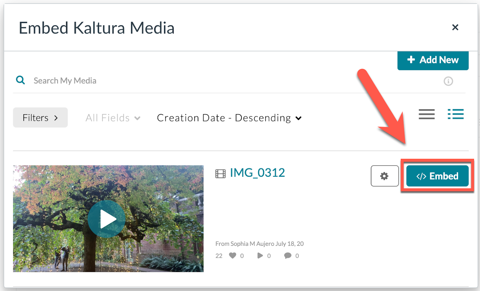 Embed kaltura media page with arrow pointing to embed button
