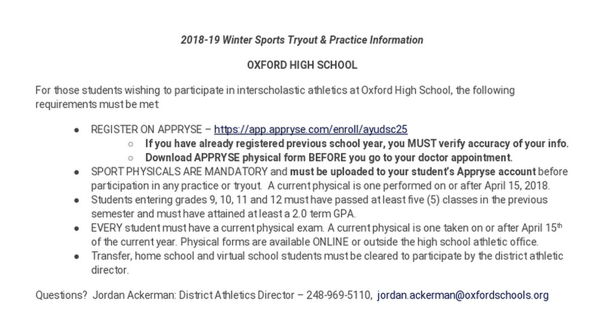 2018-19 Winter Sports Tryout & Practice Information