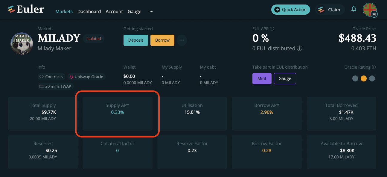 Visit Euler to determine the current APY you’ll earn from depositing NFTX tokens into its vault.