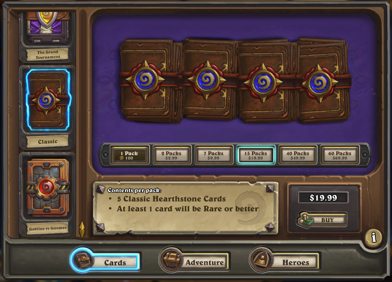 Buying card packs in Hearthstone