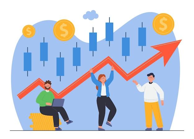 Candlestick chart showing progress and growth of company. happy business characters, stock market or forex trade performance going up flat vector illustration. finances, economy, achievement concept Free Vector