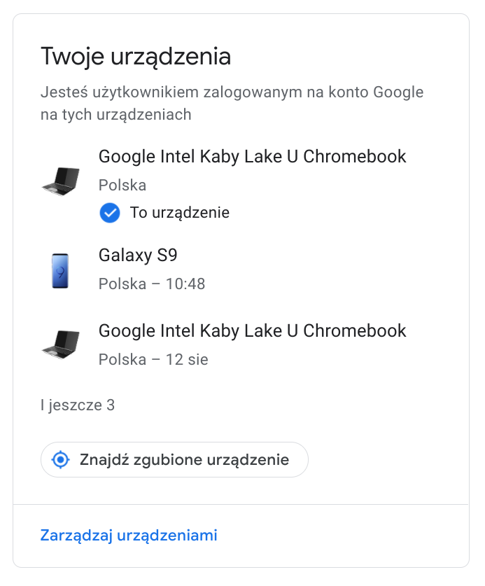 Widok urządzeń, na których zalogowany jest użytkownik