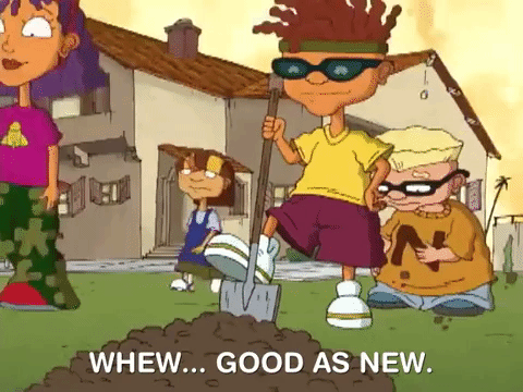 The Rocket Power kids standing around Otto who is standing with his foot on a shovel in a pile of dirt saying "Whew...good as new."