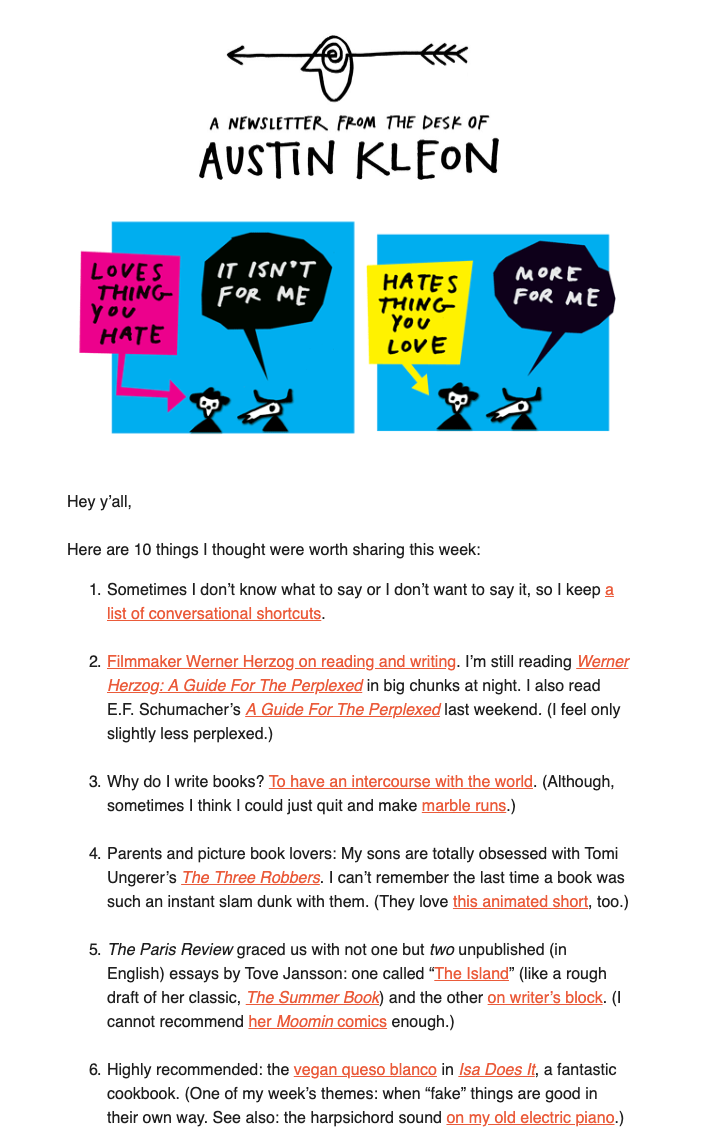 Example of Austin Kleon email newsletter.