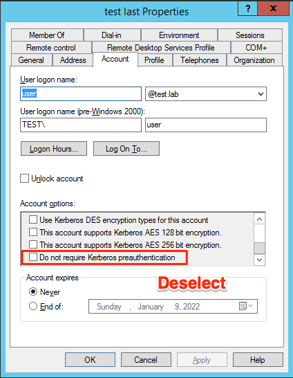 This White Oak Security screenshot shows to DESELECT If any instances of this security misconfiguration are identified, they can be remedied by editing the user in Active Directory Users and Computers: 

Account -> Deselect “Do not require Kerberos preauthentication”
