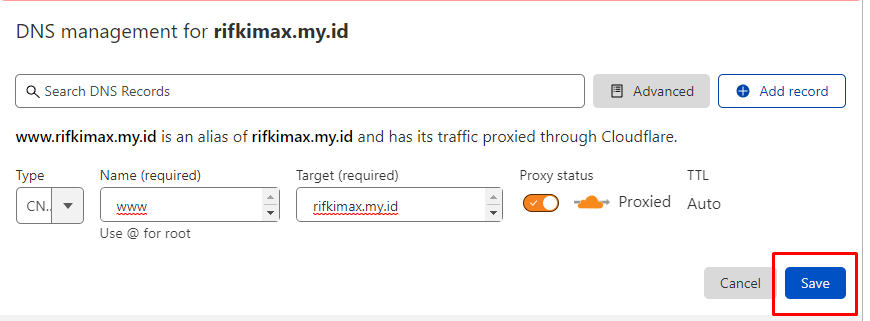 contoh membuat cname record di cloudflare