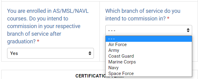 Do you intend to commission? Screenshot of asking students whether they intend to commission in their respective branch of service after graduation. If so, which branch.