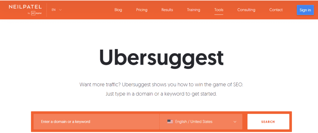 Ubbersuggest keyword tool