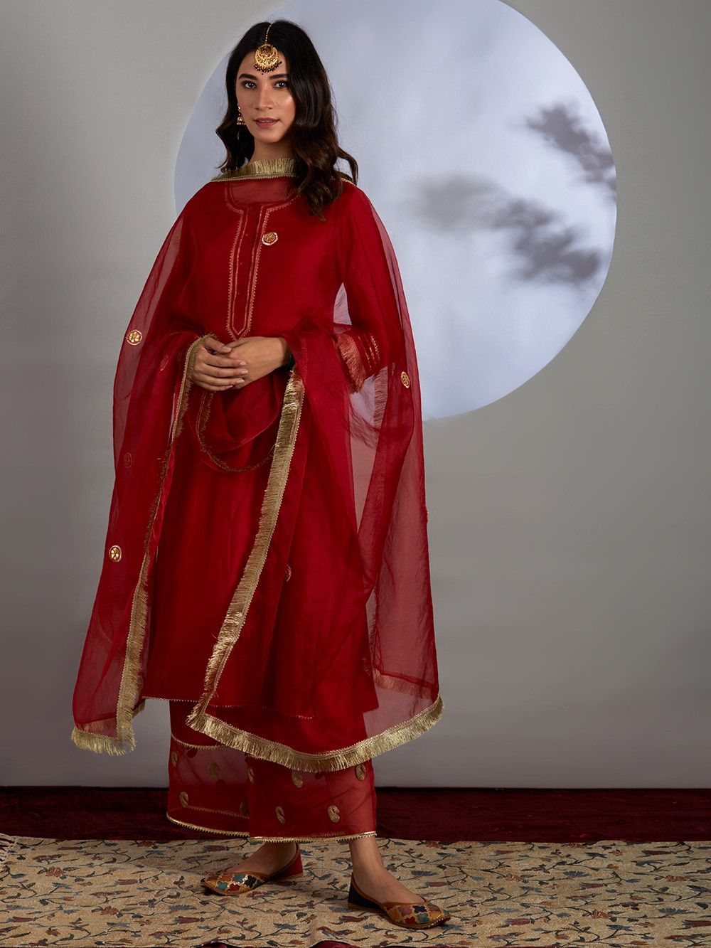 the loom-Red Gota Cotton Silk Kurta