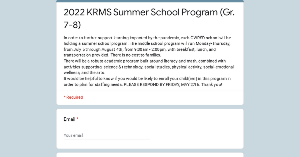 2022 KRMS Summer School Program (Gr. 7-8)