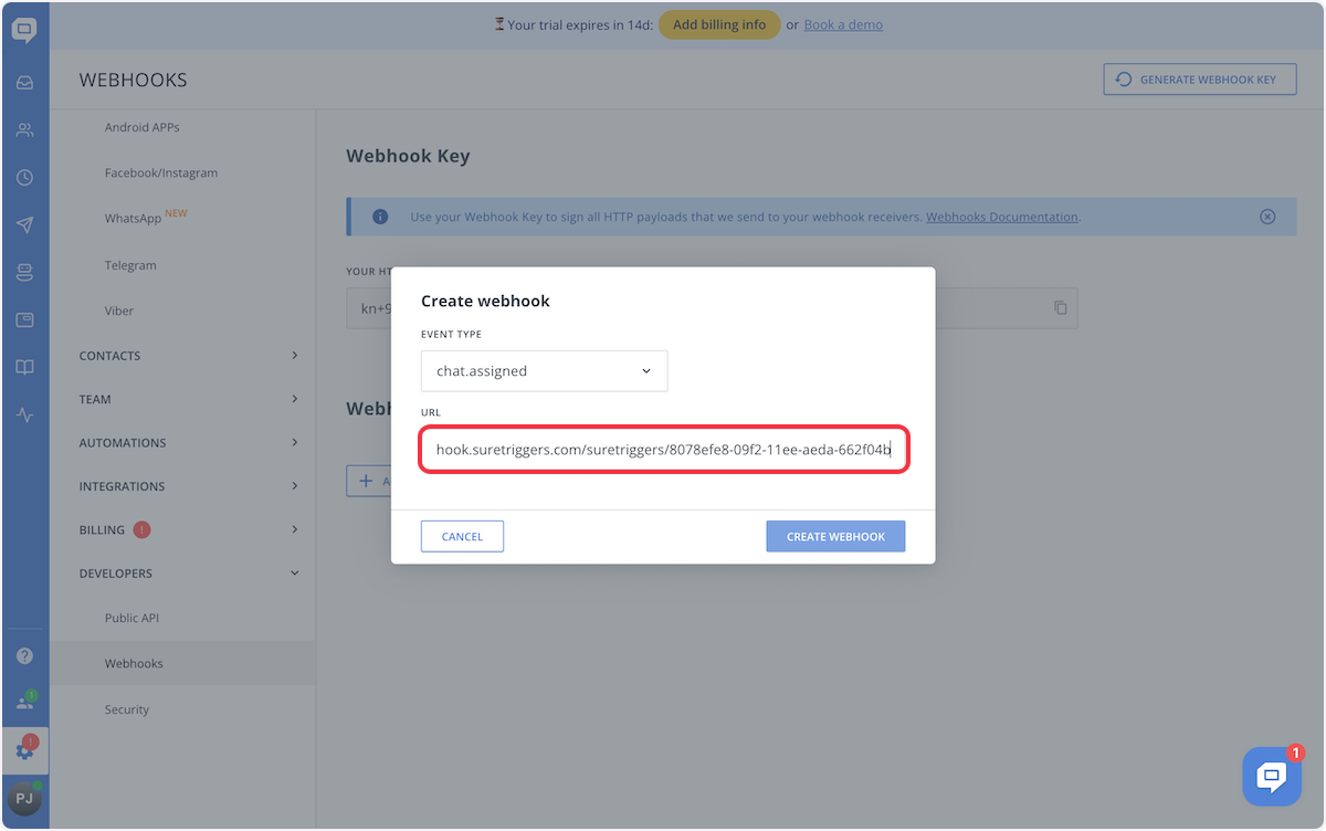 Copy the Webhook URL and paste it under the URL field.