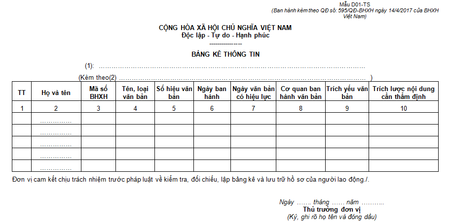 Mẫu D01-TS theo Quyết định 595/BHXH. 