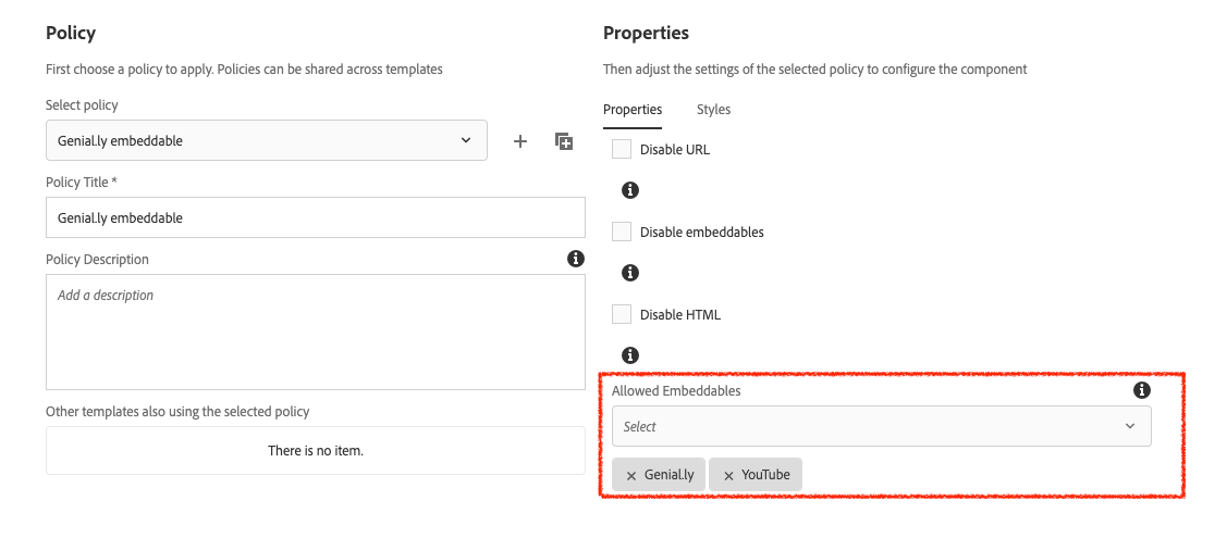 AEM UI showing content policy