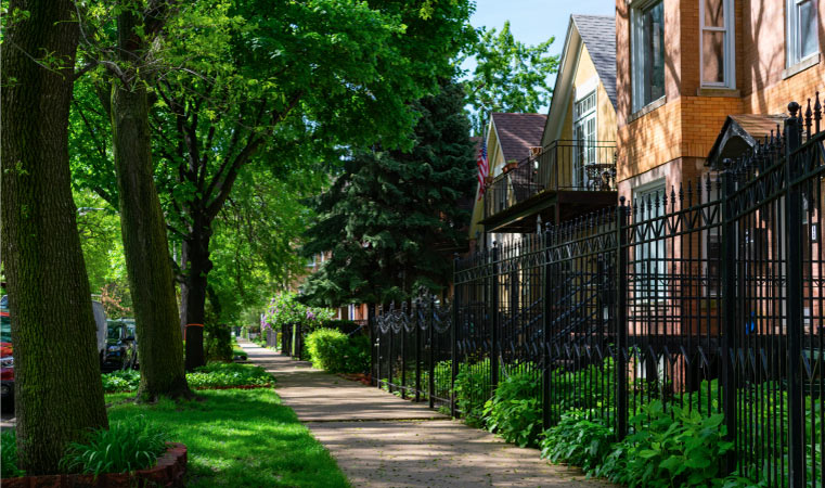 A sidewalk lined with plants and trees next to a row of old fenced in homes in Logan Square Chicago.